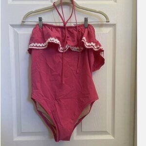 J.Crew Ruffle Bandeau One-Piece Swimsuit in Piqué Nylon Rickrack